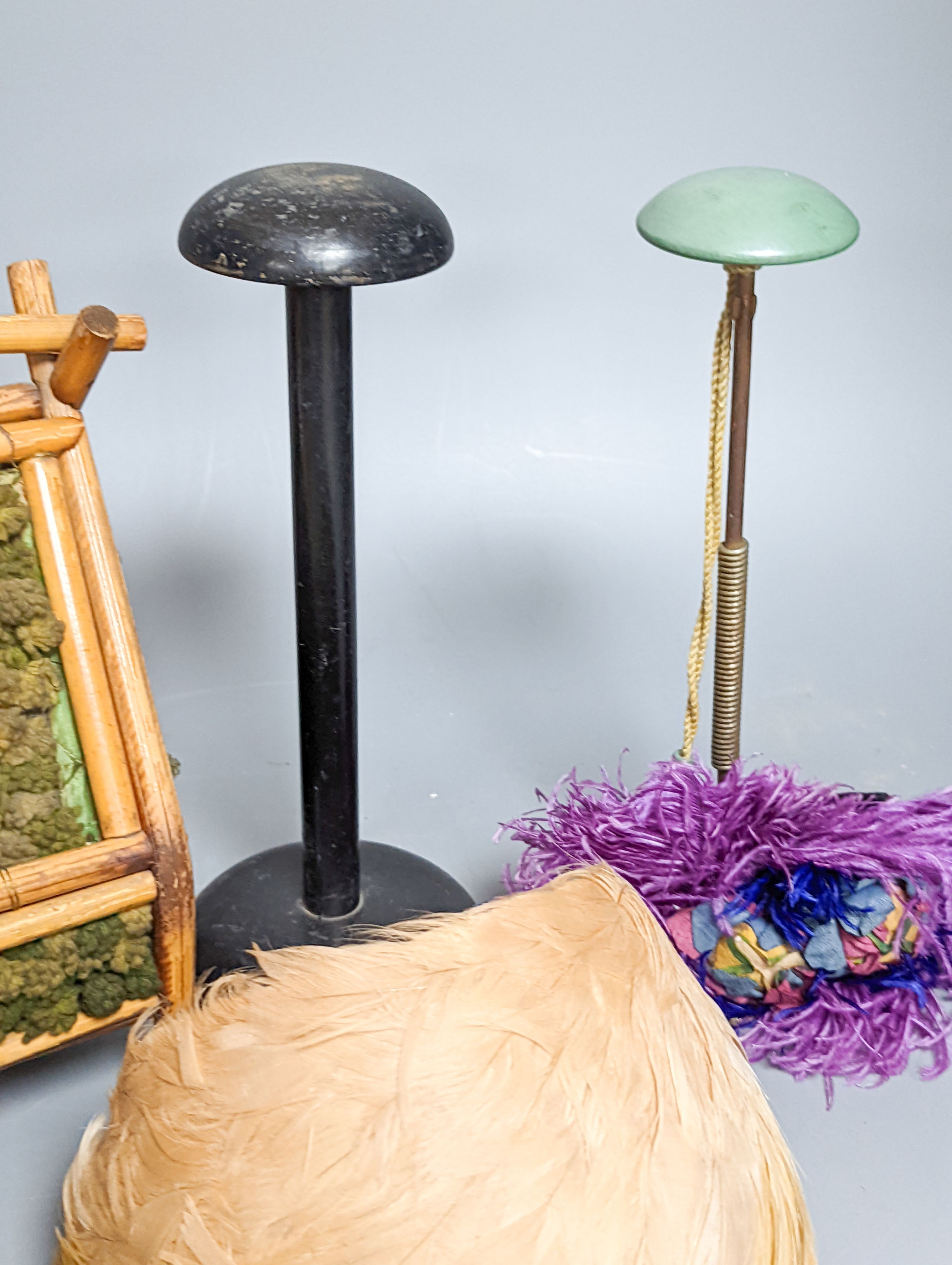 Two 1950's feather hats, another hat, 19th century bamboo sewing bag, collection of jet beading, feathers, ribbons, etc.